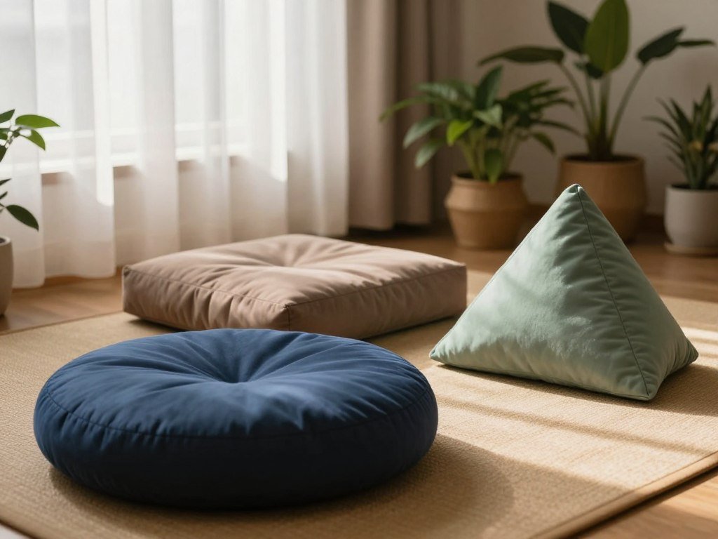 Three meditation cushions arranged by shape for sitting comfort Three meditation cushions arranged by shape for sitting comfort