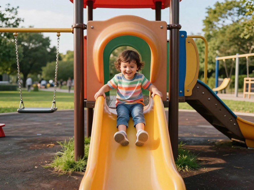 Toddler using a small playground slide within adult view