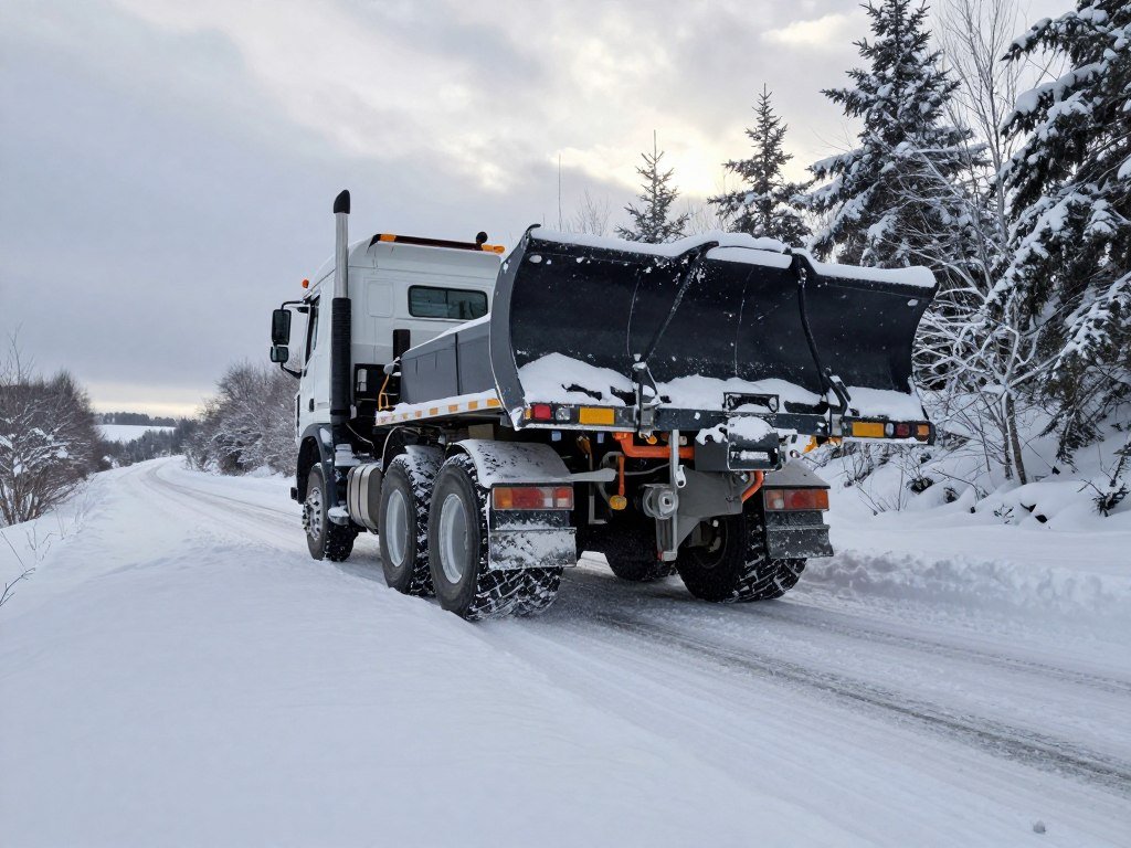 Truck underbody clearing deep snow on a winter route