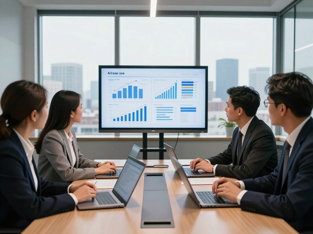 U.S. business team discussing survey data about AI use