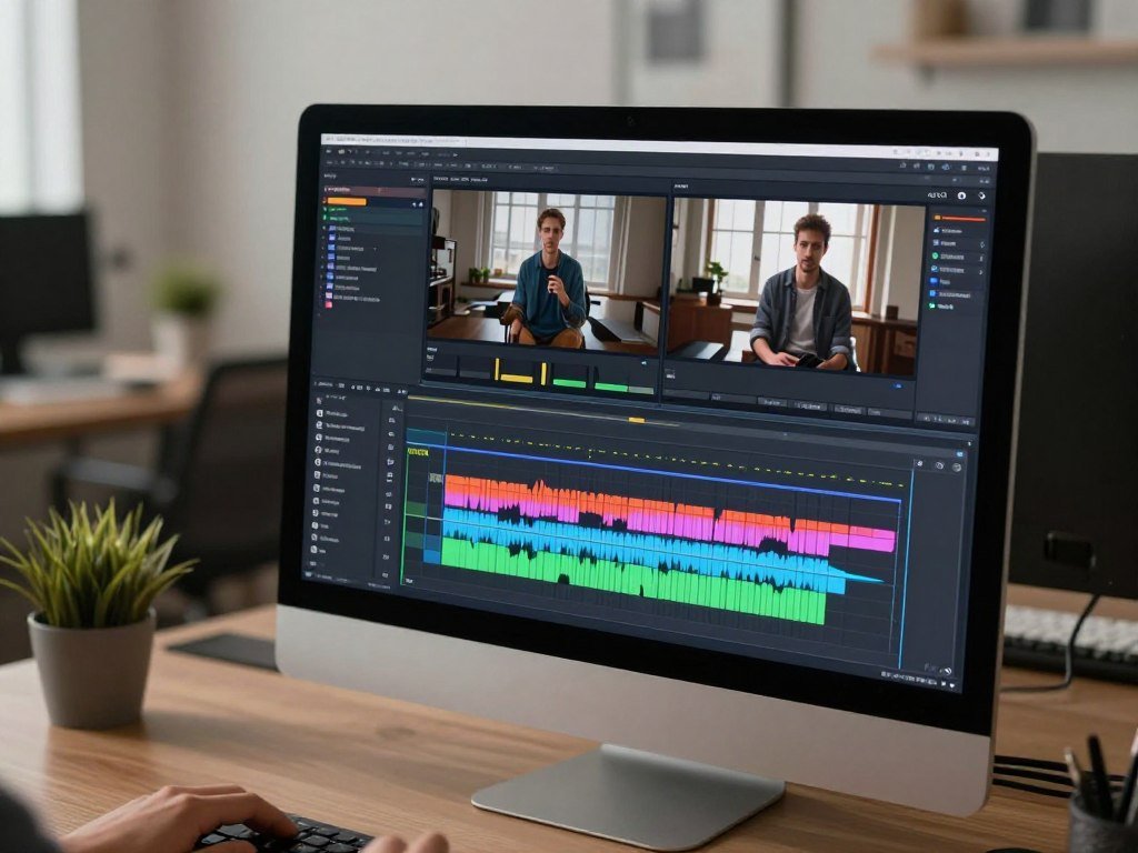 Video editor timeline with narration and captions aligned