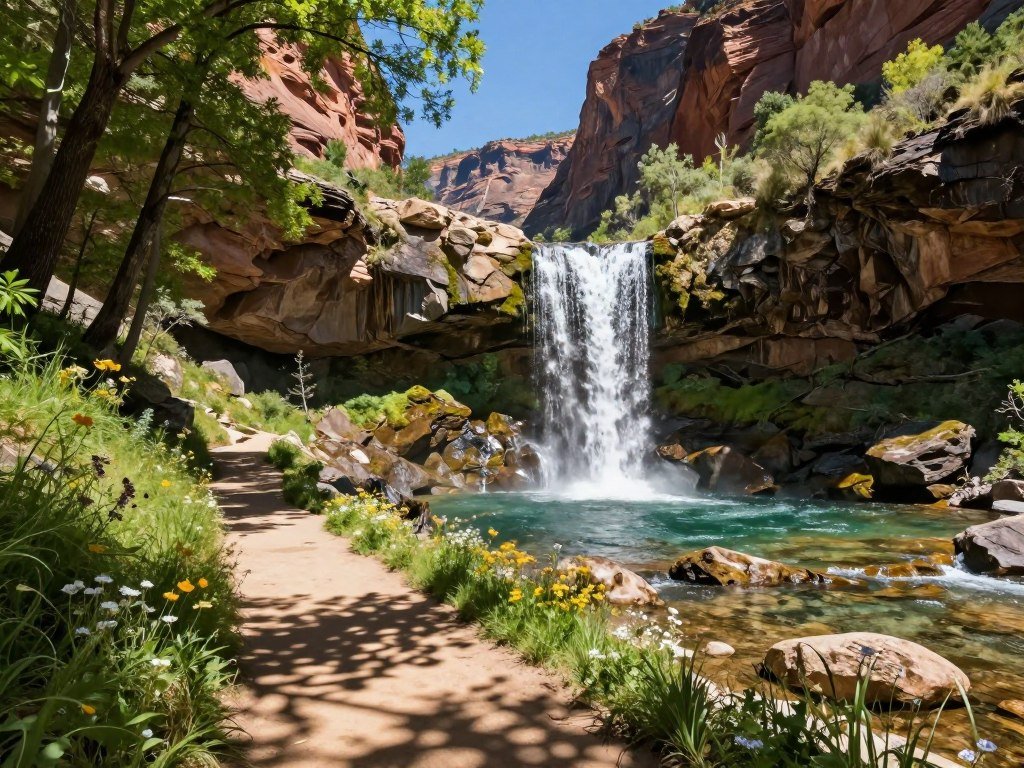 Waterfall and hiking trail in Millard Canyon Waterfall and hiking trail in Millard Canyon